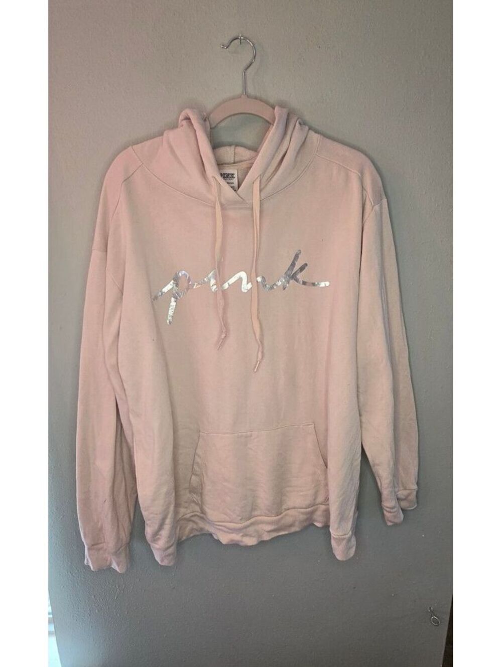 Victoria’s Secret PINK Hoodie Women XL Blush Silver Foil Logo Pullover